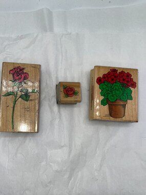 Vintage Wood Rubber Stamps Geraniums in Pot Single Rose Stem Rose Head